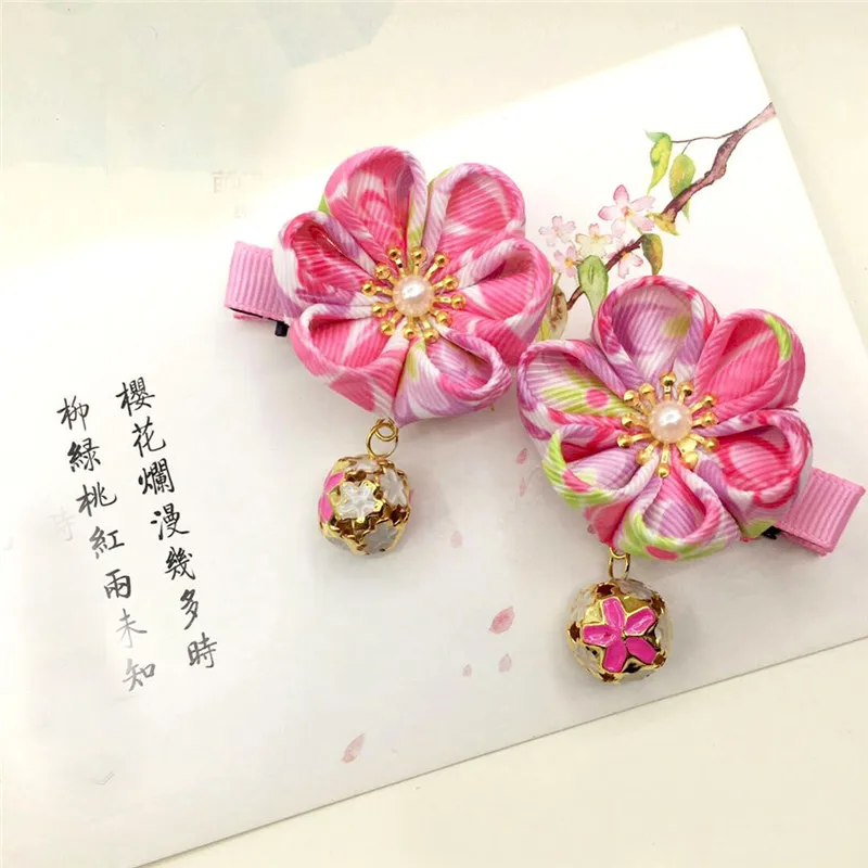 2 шт. Maru-tsuami Kanzashi цветок для детей красный розовый колокольчик традиционный японский стиль кимоно аксессуар заколка Гейша HW044