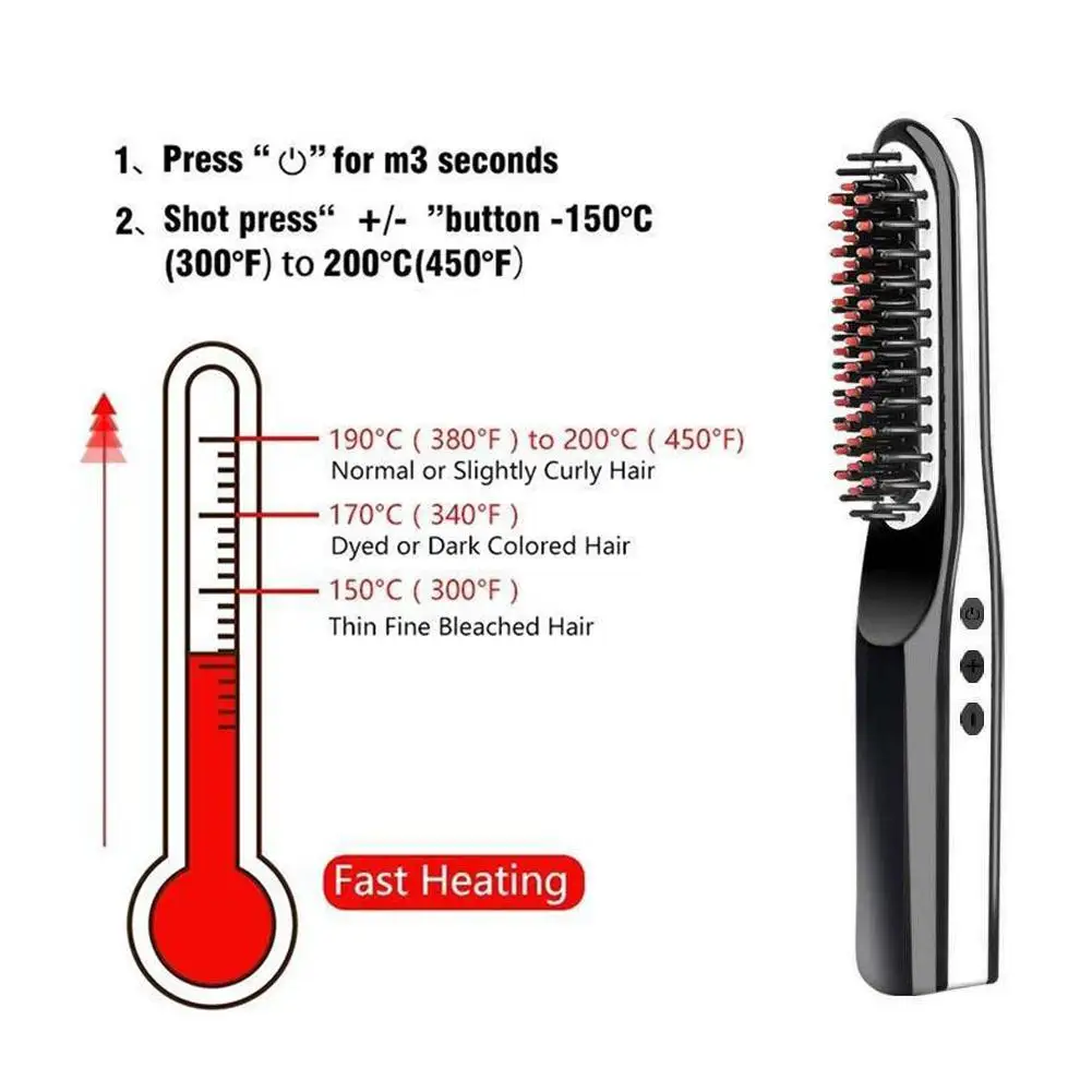 USB Portable Mini Electric Straight Hair Comb Fast Heated LED Indicator Travel Anion Straight Straightener Beard Combs Brush