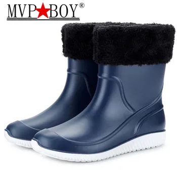 

Men Warm Gumboots Labor Force Rain Boot Waterproof Work Shoes Man Rainboots Rubber Mid-calf Boots Good Quality Botas black blue