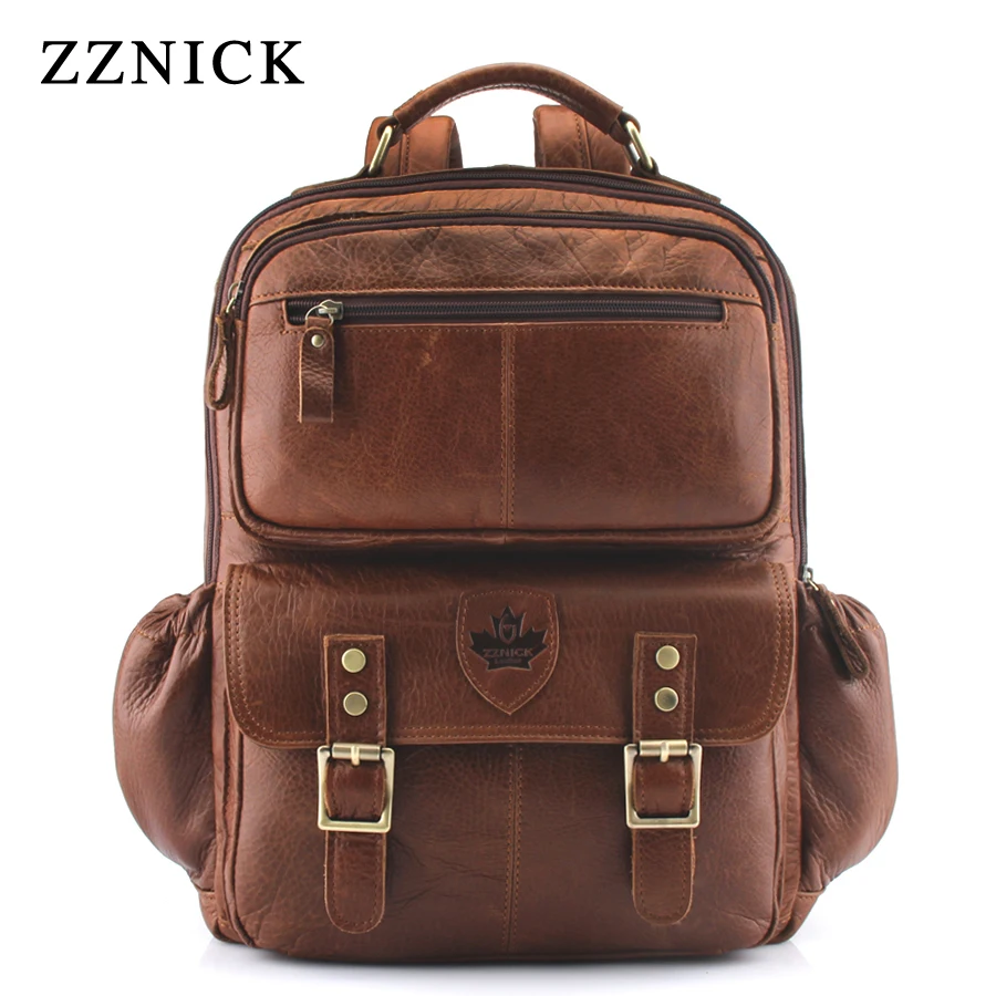 

ZZNICK 2019 New Genuine Cowhide Leather backpack Men school Bags bagpack Men's Travel Bags Male backpacks Laptop bag pack 3915#