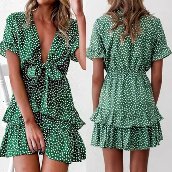 

Women Boho Polka Dot Short Sleeve V-Neck Floral Loose Dresses Cocktail Party Club Beach Daily Mini Dress