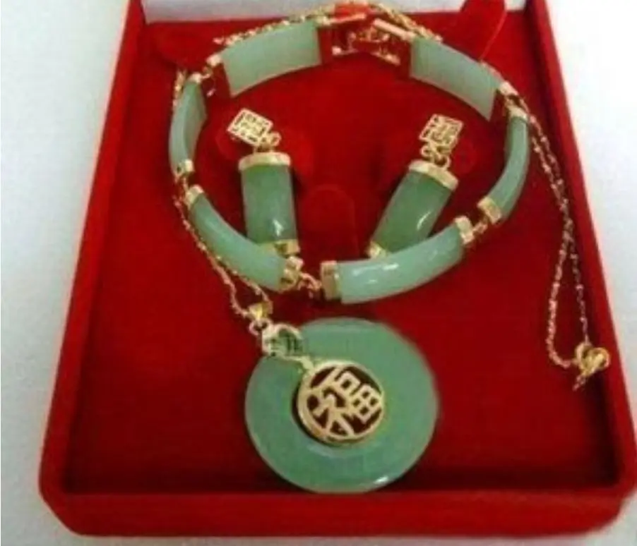 Бесплатная доставка 14K зеленый нефритовый браслет lucky серьги подвеска ожерелье комплект ювелирных изделий AAA
