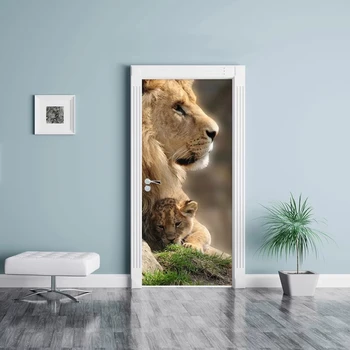 

Home Decor Paste Self Adhesive Animal Lions 3D Wall Sticker Print Art Color Bricks Pulling Door Waterproof Wallpaper Picture