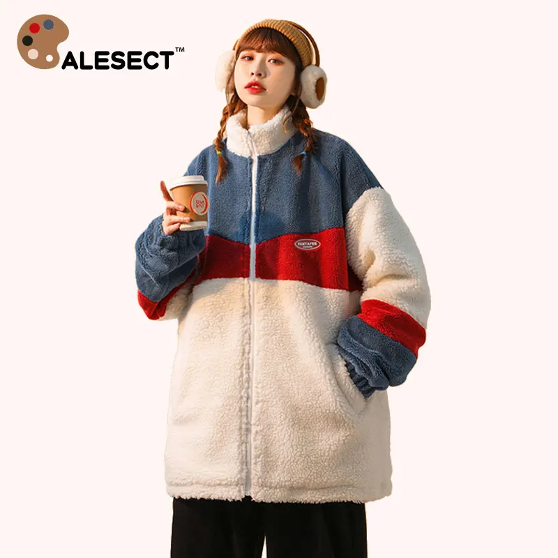 

CALESECT Women Winter Jacket Lambswool Zipper Coat Warm 2021 Oversize Patchwork Korean Style Men Harajuku Streetwear Unisex