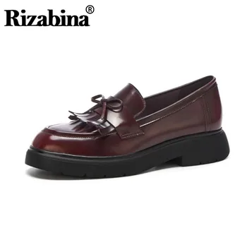 

RIZABINA Women Flat Shoes Fashion Tassel Genuine Leather Shoes Women Stylish Platform Slip On Easy Wear Footwear Size 34-39