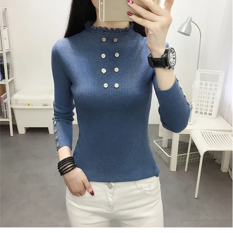 

Korea Autumn Winter Lace Half Turtleneck Elastic Pullovers Sweaters Women Sexy Blue Warm Knitted Sweater Female Soft Jumper