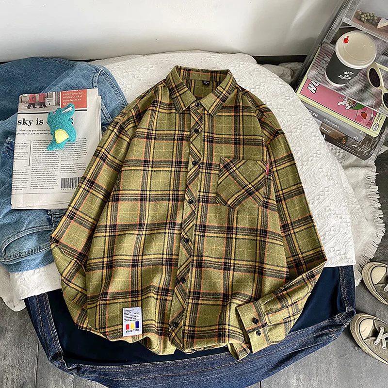 Shirt Men Flannel Plaid Long Sleeve Loose Hip Hop Street Casual Pocket Male Soft Dress Plus Size long sleeve shirt men casual shirt flannel shirt