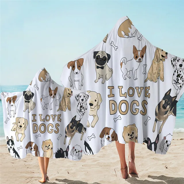 Cut Dog Printed Microfiber Beach Poncho Towel For Parent kid Absorbent