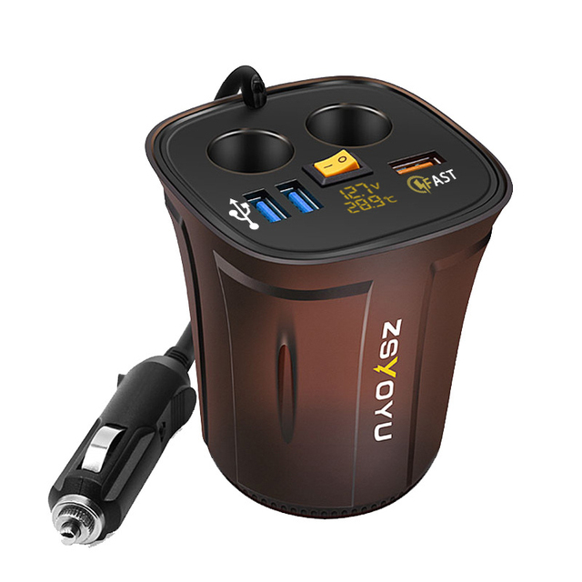 Cup Car Charger Multi-function Display Voltage 2 USB Car -DC Power Adapter Plug Cup Cigarette Lighter Splitter For GPS DVR