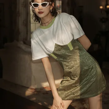 

LANMREM round neck short sleeves green vintage patchwork mini length T-shirt dress pullover female WL89906M