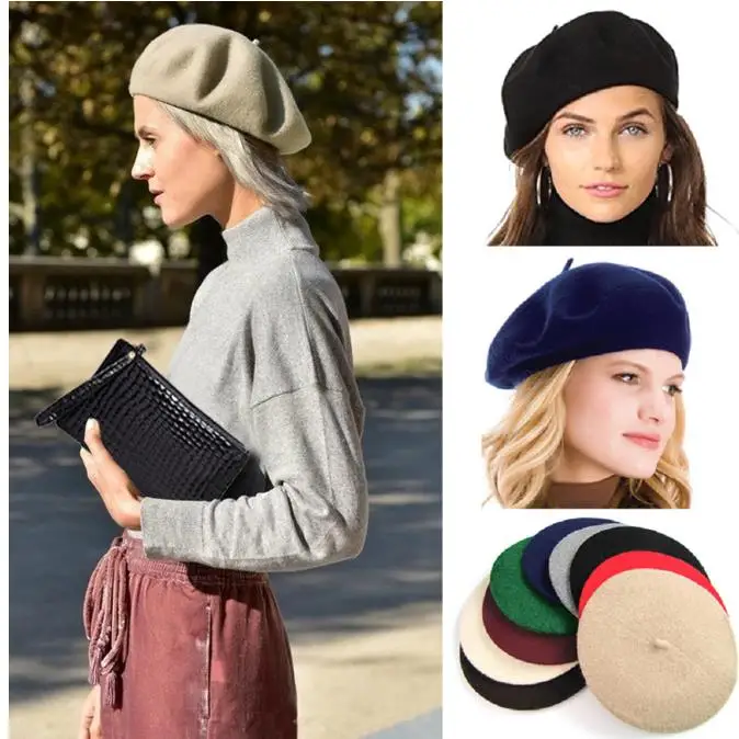 Модные шерстяные береты, шапки для женщин, зимние французские шапки для девушек, одноцветные Осенние Зимние береты, шапка для женщин, плоская кепка, шапка, фетровые береты