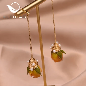 

Xlentag Real Yellow Flower Long Dangle Earrings For Women Fresh Water Pearl Cute Drop Earrings Jewellery GE0909