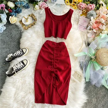 

2020 Summer Women 2pcs Set Black/Red Vintage Round Neck Knitted Short Tops + Drawstring Bodycon Skirt Female Two Piece Set New