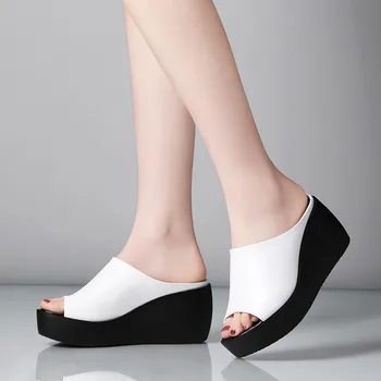 

Fashion Ladie Platform Shoes Summer Genuine Leather Peep Toe Wedge Heels Women Slides Black White Flip Flops Slippers