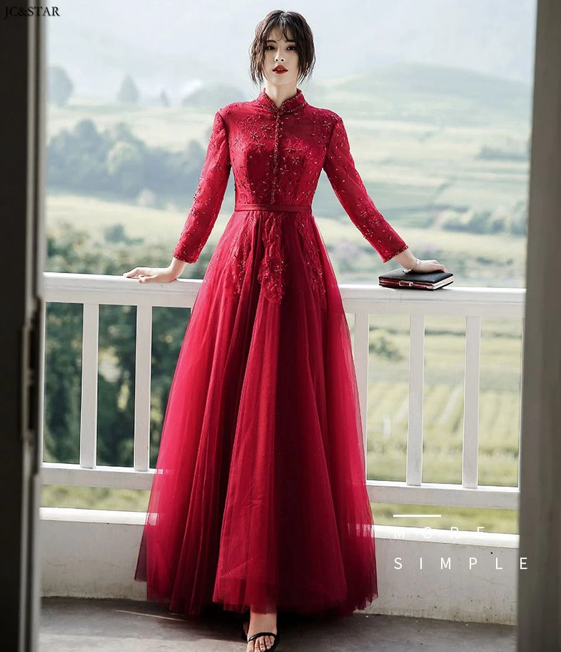 burgundy Vestido de festa longo Новое кружевное платье с длинным рукавом, бордовые платья для подружки невесты, robe demoiseur d'honneur pour femme - Цвет: burgundy
