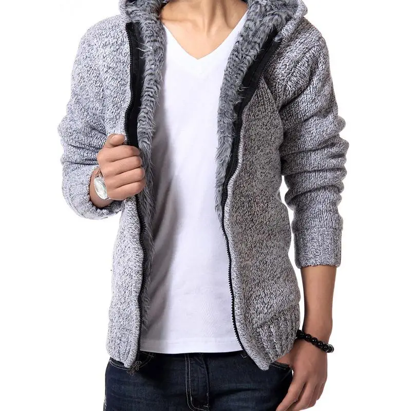 

2019 Winter Men's Plus Velvet Thick Warm Hooded Zipper Knit Cardigan Jacket Man Korean Long-Sleeve Solid Color Slim Sweaters