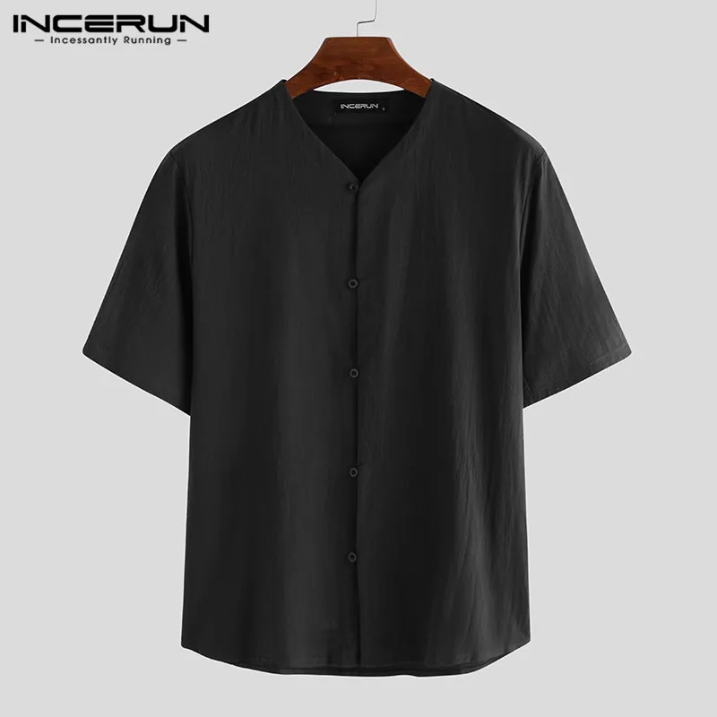 Fashion Men Retro Pure Color Short Sleeve Shirt Casual Harajuku Baggy Comfort Joker Cotton Button Mens Blouse Streetwear INCERUN - Цвет: Black