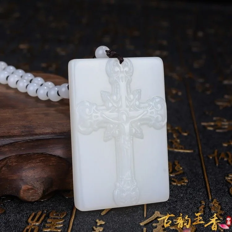 Natural White Jade Cross Pendant 