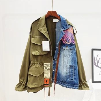 

2019 Autumn New Top Fashion Loose Stitched Denim Contrast Drawstring Zipper Coat for Women Plus Size Jacket Womens Jacket