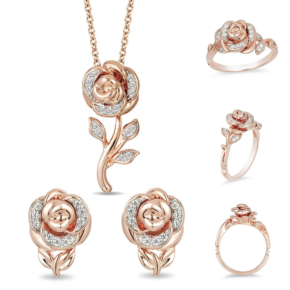 Flower Jewelry Sets Necklace Rose Gold Earrings Ring Jewellery Sets For Women Pendant Gold Jewelry Set