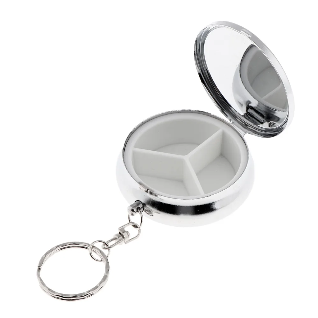 Round Keychain Style Pill Storage Case Travel Portable Box for Makeup Eyeshadow Blusher Nail Art Glitters with 3 Compartments