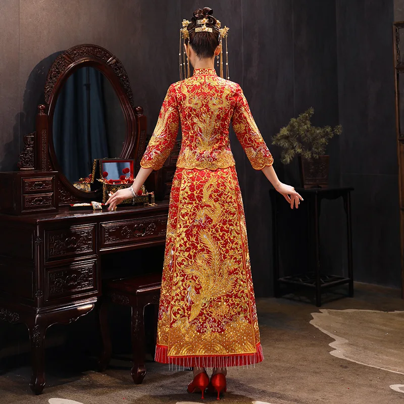 XiuHe высококачественное красное китайское свадебное платье женское Cheongsam Золотое