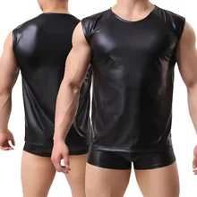 Сексуальные мужские майки из искусственной кожи, облегающие майки для фитнеса, мужские топы, нижнее белье, эротическое нижнее белье черного цвета