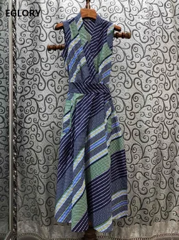 

Top Quality Cotton Dress 2020 Summer Style Women V-Neck Striped Print Bow Belt Deco Sleeveless Mid-Calf Length Vintage Dress