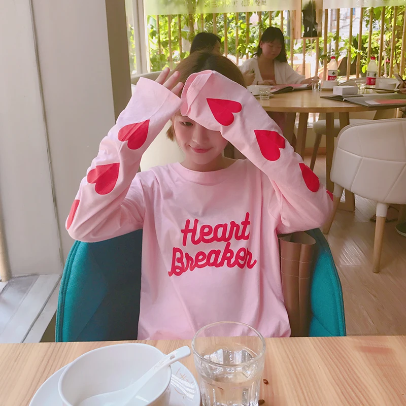 Милая футболка для девочек с надписью Love Harajuku, модные хлопковые свободные женские Топы с длинным рукавом, милый розовый женский пуловер, футболка