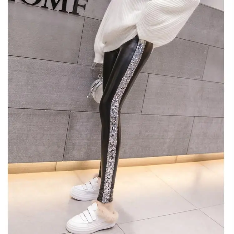 Side Glitter Sequins Pu Leather Leggings Women High Waist Stretch Jeggings Pants Solid Slim Pencil Pants