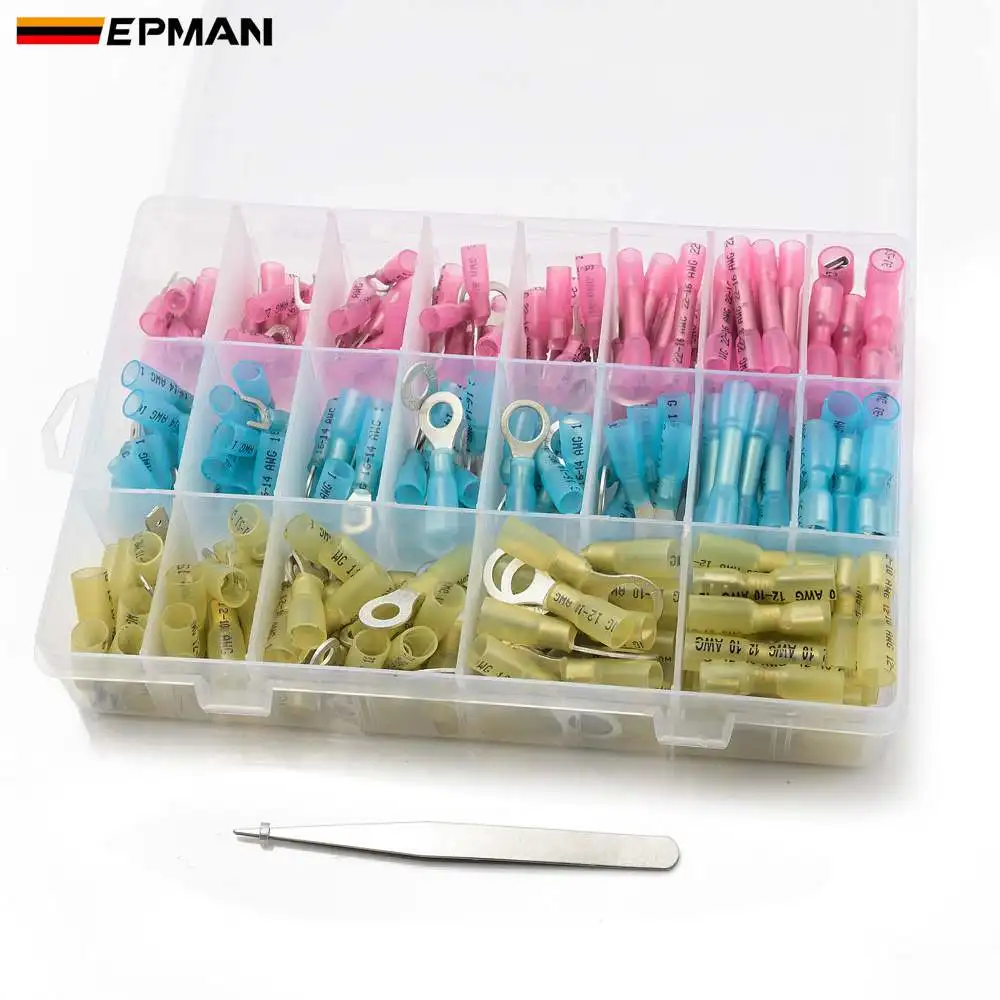 EPMAN 250pcs Insulated Heat Shrink WireElectric Connector Crimp Terminals Ring Butt Kit EPH102GP250