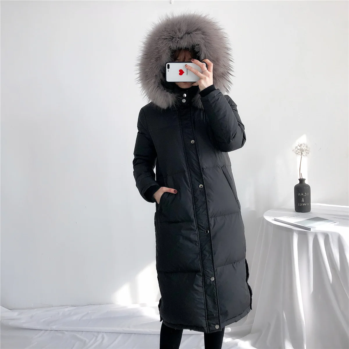 Пуховик женский стиль Горячая Распродажа женское платье Южная Корея Dongdaemun X2 средней длины белый утиный пух енот пальто