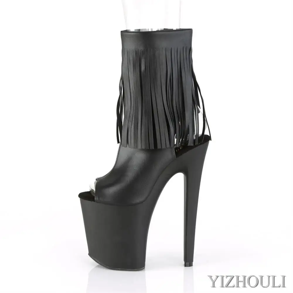 8-inch, open-toed boot, matte black tasselled upper models use 20cm stiletto heels for parties, pole dancing shoes