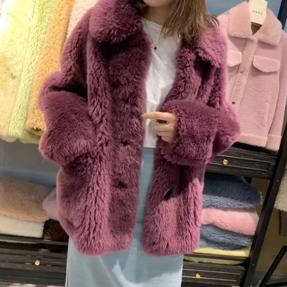 Purplish red Женское зимнее пальто из натуральной шерсти, новинка, модное женское пальто с отложным воротником, большие размеры - Цвет: Purplish red