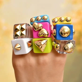 3pcs New Fashion Multicolor Resin Acrylic Geometric Square Ring Set for Women Punk Gold Bead Rivet Metal Big Thick Rings Jewelry