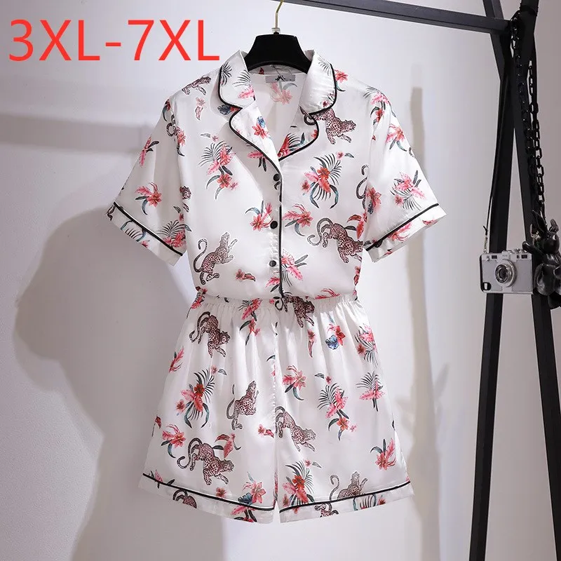 

Новинка 2021, женская летняя одежда, Женский пижамный комплект, большая рубашка с цветочным принтом и шорты, домашний костюм 3XL, 4XL, 5XL, 6XL, 7XL