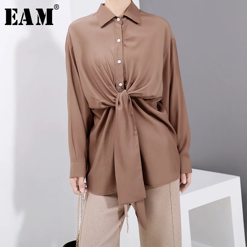 

[EAM] Women Blue Pleated Split Temperament Blouse New Lapel Long Sleeve Loose Fit Shirt Fashion Tide Spring Autumn 2019 1D996