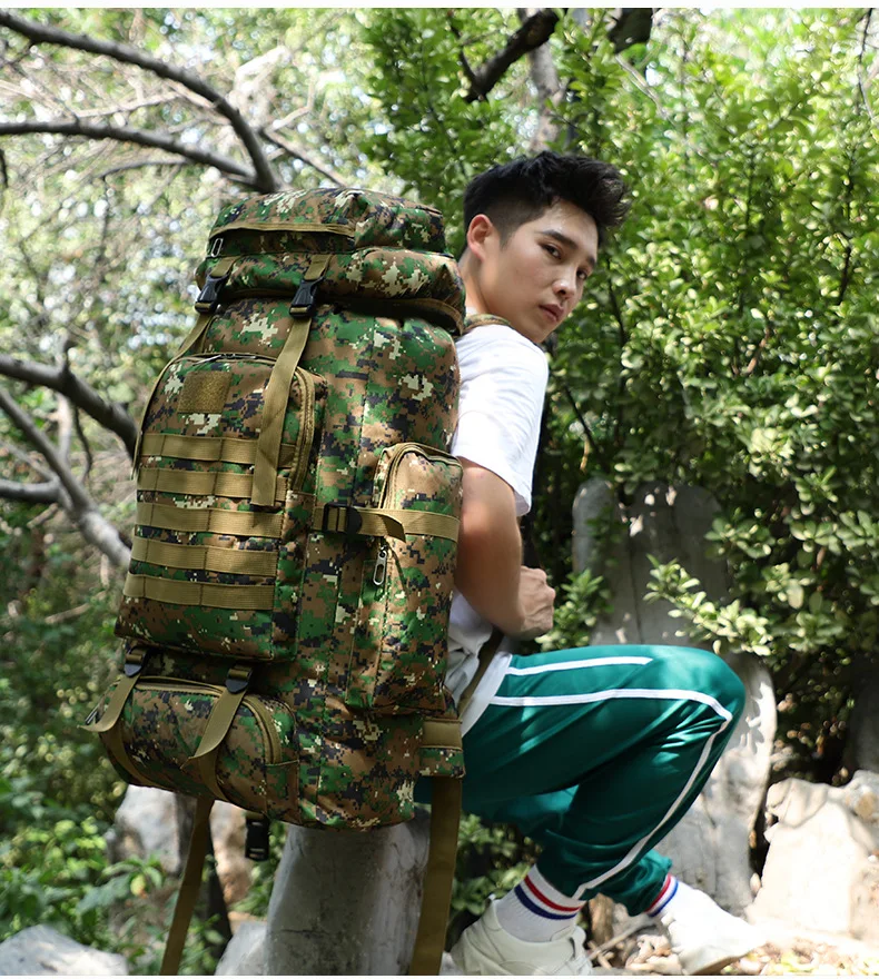 80L Waterproof Molle Camo Tactical Backpack Military Army Hiking Camping Backpack Travel Rucksack Outdoor Sports Climbing Bag