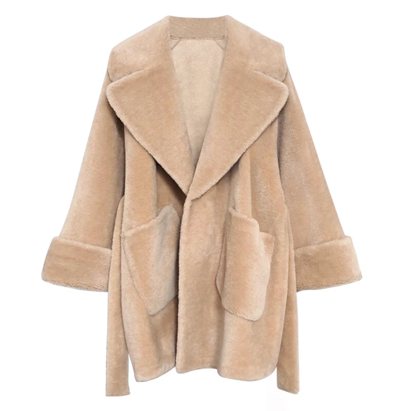 Пальто из натурального меха, женская зимняя Корейская куртка с поясом из овечьей шерсти, меховые пальто из натуральной овечьей шерсти, Женское пальто для стрижки