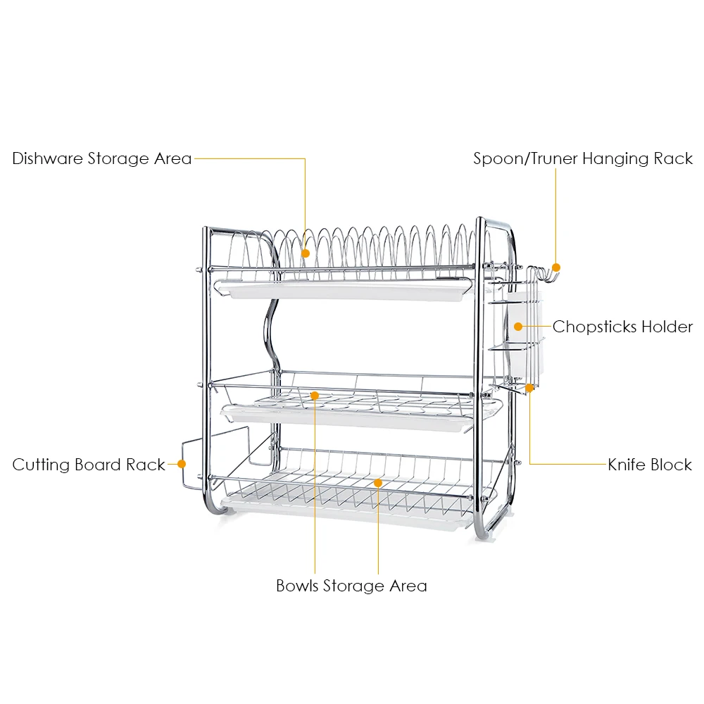 

Hot 3-Tier Dish Rack Kitchen Storage Rack Draining Rack with Chopsticks/Knives/Cutting Board Holder Drainboard Storage Orgainize