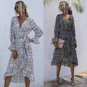 

Origional Design French Floral Dress Female Waist Hugging Slimming Sweet Elegant Amazon Cross Border Europe and America WOMEN'S