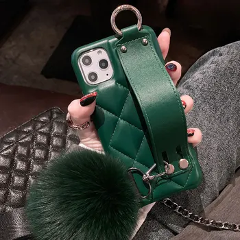 

Luxury Retro PU Leather Case for iPhone 11 Wrist Strap Fur Ball iPhone 11 Pro Max/11 Pro/6s/7/8 Plus/XS MAX/XR/X Back Cover