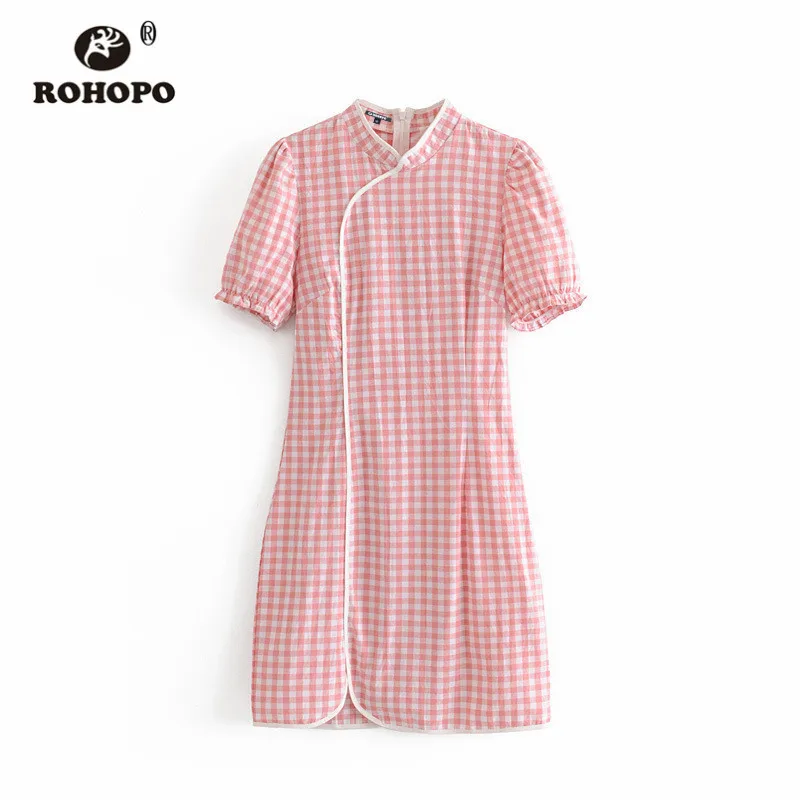 

ROHOPO White Plaid Mandarin Collar Elegant Vintage Cotton Pink Mini Dress Girl Autumn Retro Slim Vestido #9119