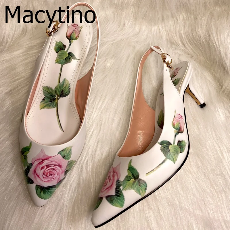2022 Rose Flower Print High Heel Shoes 6cm 8cm 10cm Thin Heel Pointed