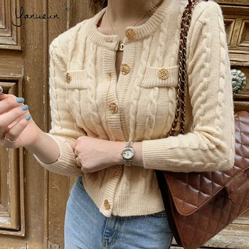 

Yanueun Spring Autumn Women's Sweaters and Cardigans Solid Tops Female Elegant Open Stitch Knitted Buttons O-Neck Clothes