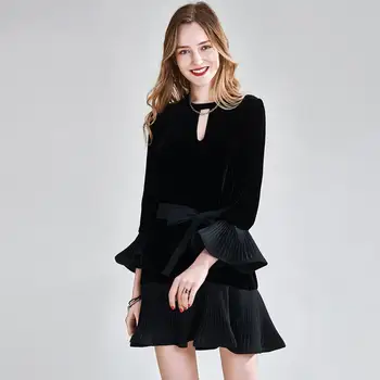 

HAVVA women’s pleated ruffles patchwork gold velvet high waist flare sleeve dress O-neck solid color dress Q4912