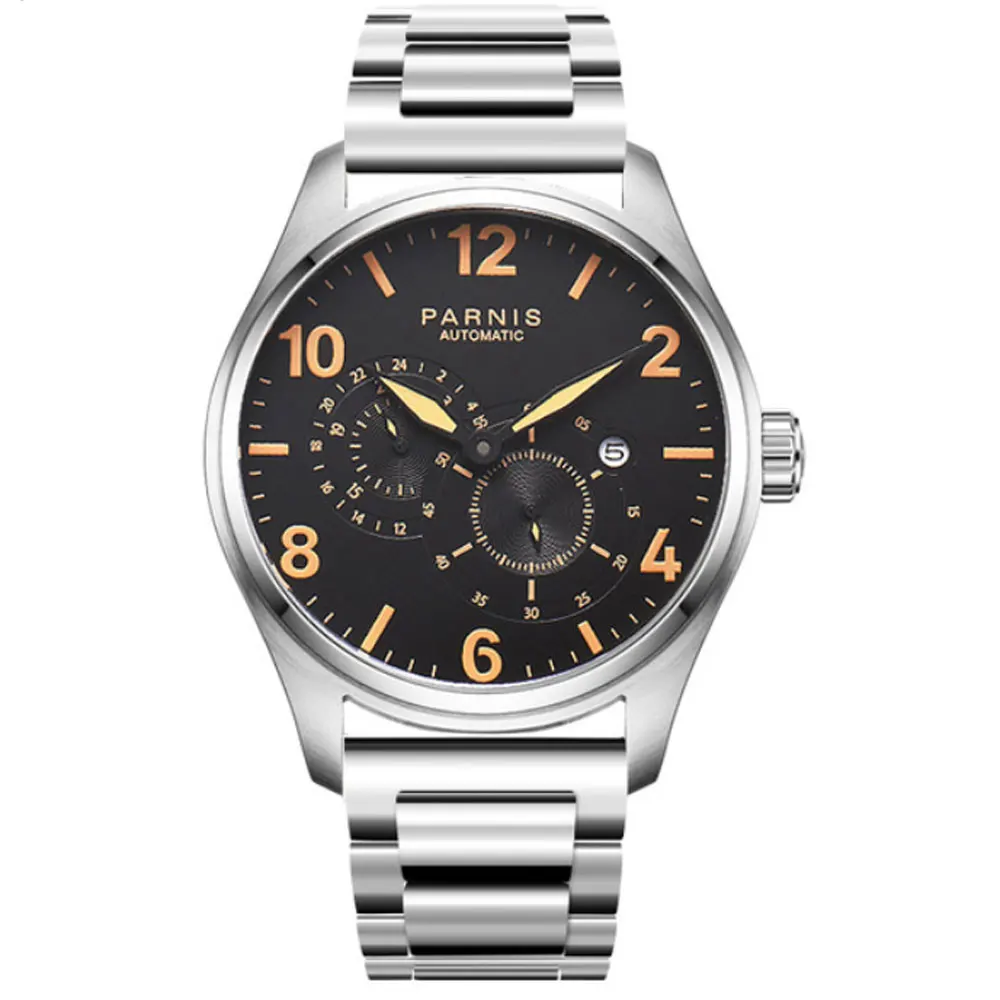 Luxury PARNIS 44mm black dial Sapphire Glass orange marks miyota automatic mens Watch
