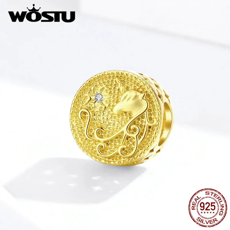 WOSTU,, 925 пробы, серебряный, золотой, единорог, бусины, круглые, амулеты, Золотая подвеска, подходит для оригинального браслета, серебро 925, ювелирное изделие CQC1331