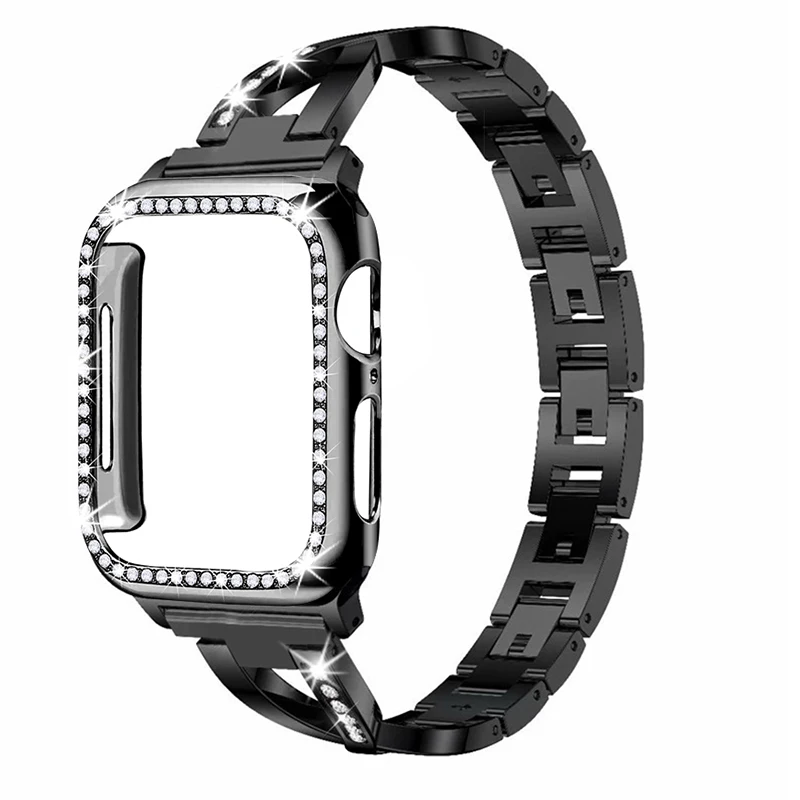 Для Apple Watch ремешок для женщин+ чехол 38 мм/42 мм/40 мм/44 мм с бриллиантами iwatch серия ремешок из нержавеющей стали 5 4 3 2 1 браслет - Цвет ремешка: Black