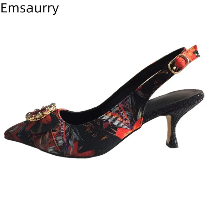

Print Flowers Ladies Shoes Pumps Woman Slim Shallow Narrow Buckle Party Zapatos Point Toe Decor Jewelry Med Heel Woman Pumps 43